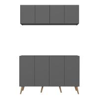 Kit Armário De Cozinha Aéreo E Balcão 4 Portas Retrô Multimóveis Mp2170 Grafite/natural