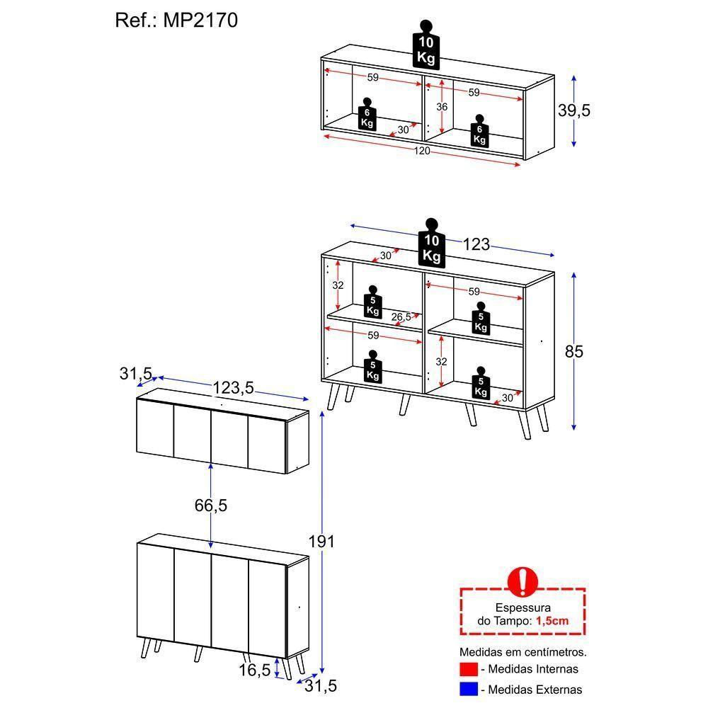 Kit Armário De Cozinha Aéreo E Balcão 4 Portas Retrô Multimóveis Mp2170 Branco/preto Branco/preto - 3