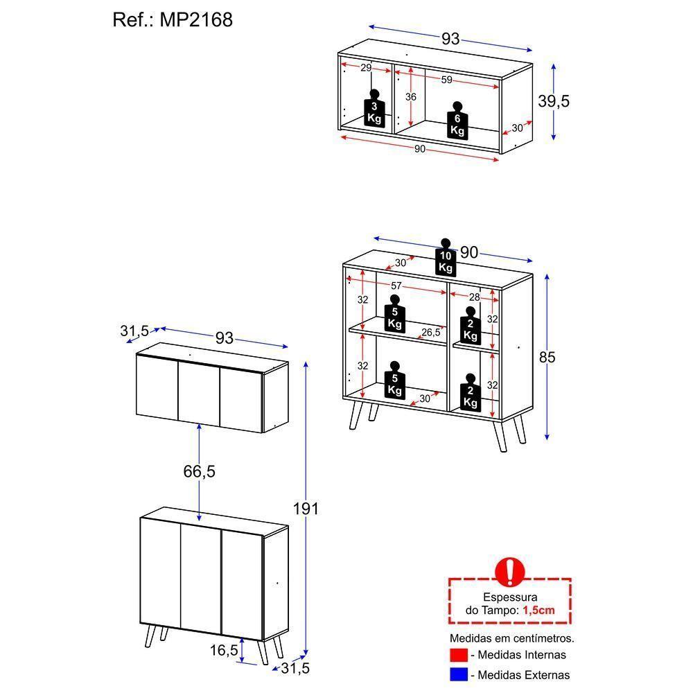 Kit Armário De Cozinha Aéreo E Balcão 3 Portas Retrô Multimóveis Mp2168 Branco Branco - 3