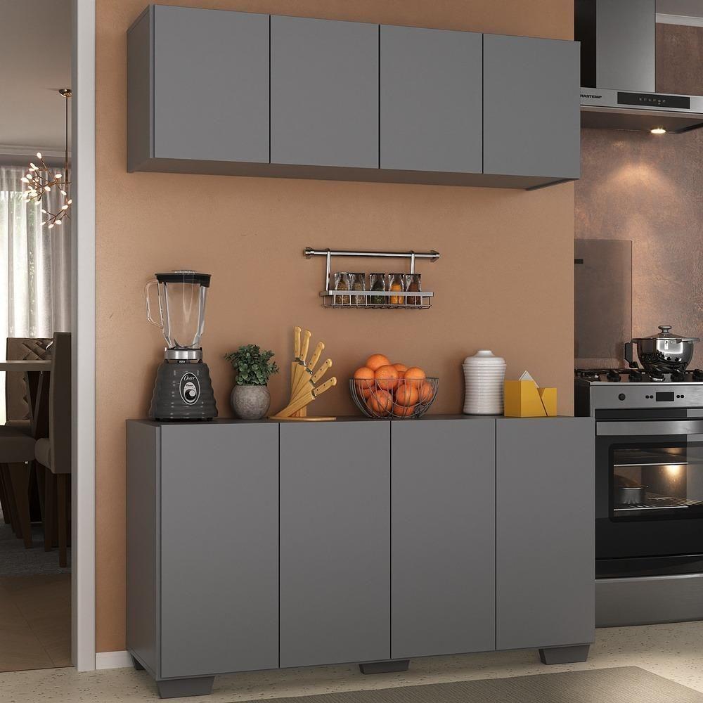 Kit Armário De Cozinha Aéreo E Balcão 4 Portas Multimóveis Mp2171 Grafite/preto Grafite/preto - 5