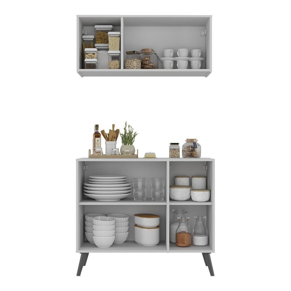 Kit Armário De Cozinha Aéreo E Balcão 3 Portas Retrô Multimóveis Mp2168 Branco/preto Branco/preto - 3