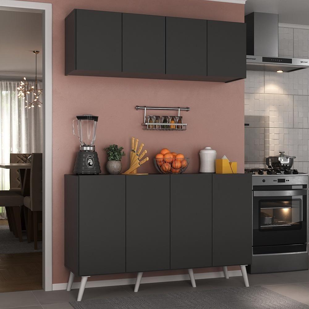 Kit Armário De Cozinha Aéreo E Balcão 4 Portas Retrô Multimóveis Mp2170 Preto/branco Preto/branco - 5