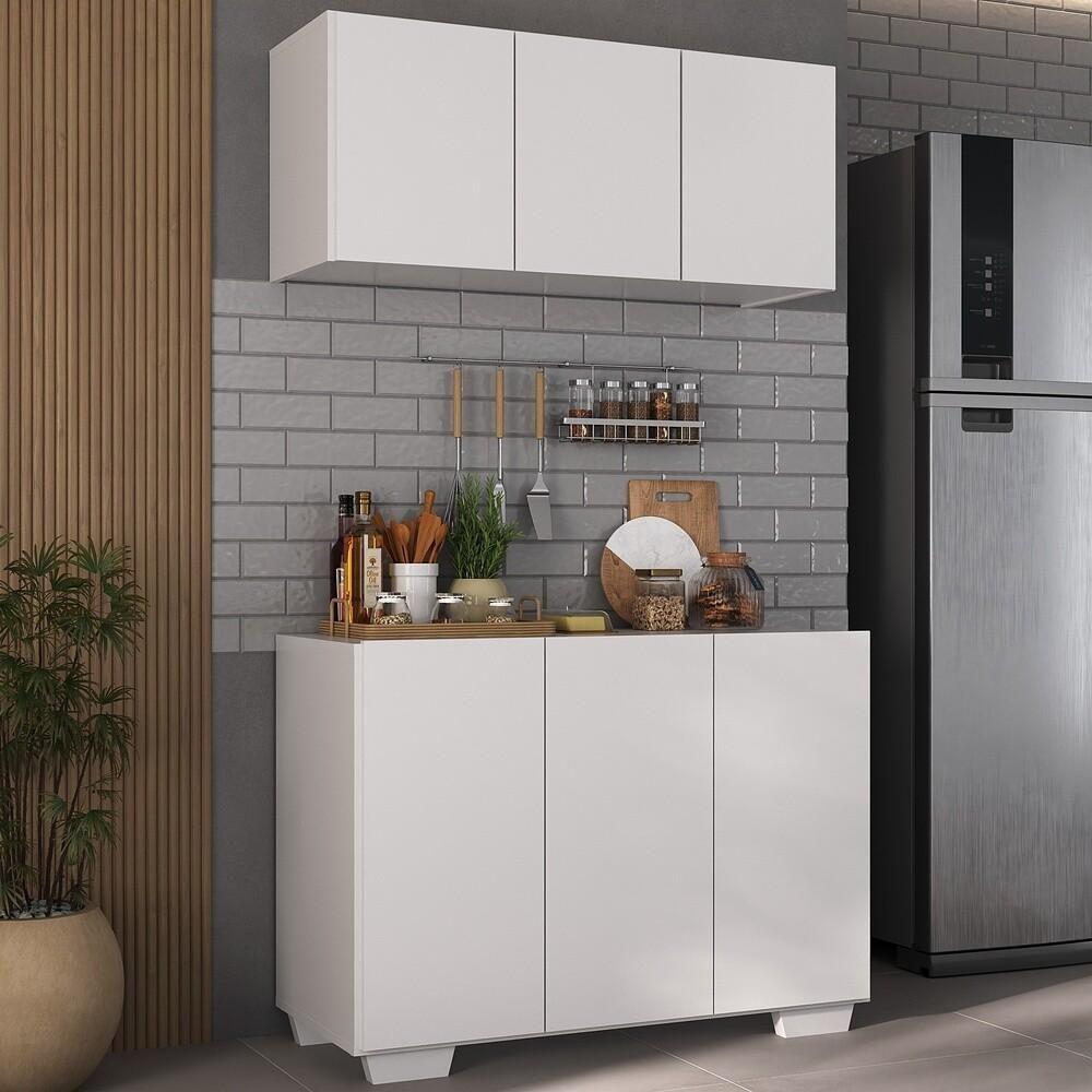 Kit Armário De Cozinha Aéreo E Balcão 3 Portas Multimóveis Mp2169 Branco Branco - 3