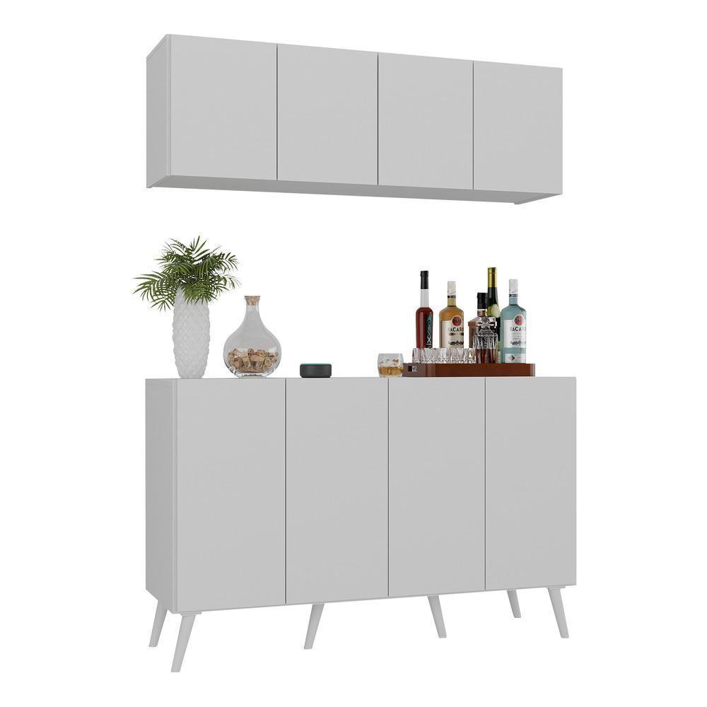 Kit Bar Armário Aéreo E Aparador 4 Portas Retrô Multimóveis Mp1086 Branco Branco - 1