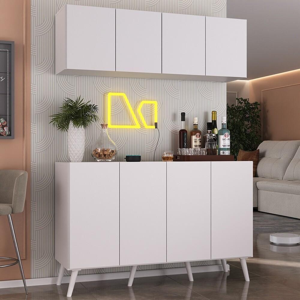 Kit Bar Armário Aéreo E Aparador 4 Portas Retrô Multimóveis Mp1086 Branco Branco - 2