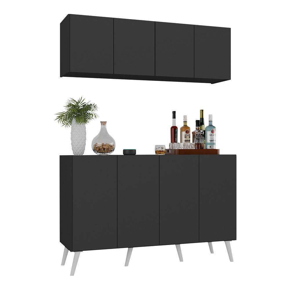 Kit Bar Armário Aéreo E Aparador 4 Portas Retrô Multimóveis Mp1086 Preto/branco Preto/branco - 1