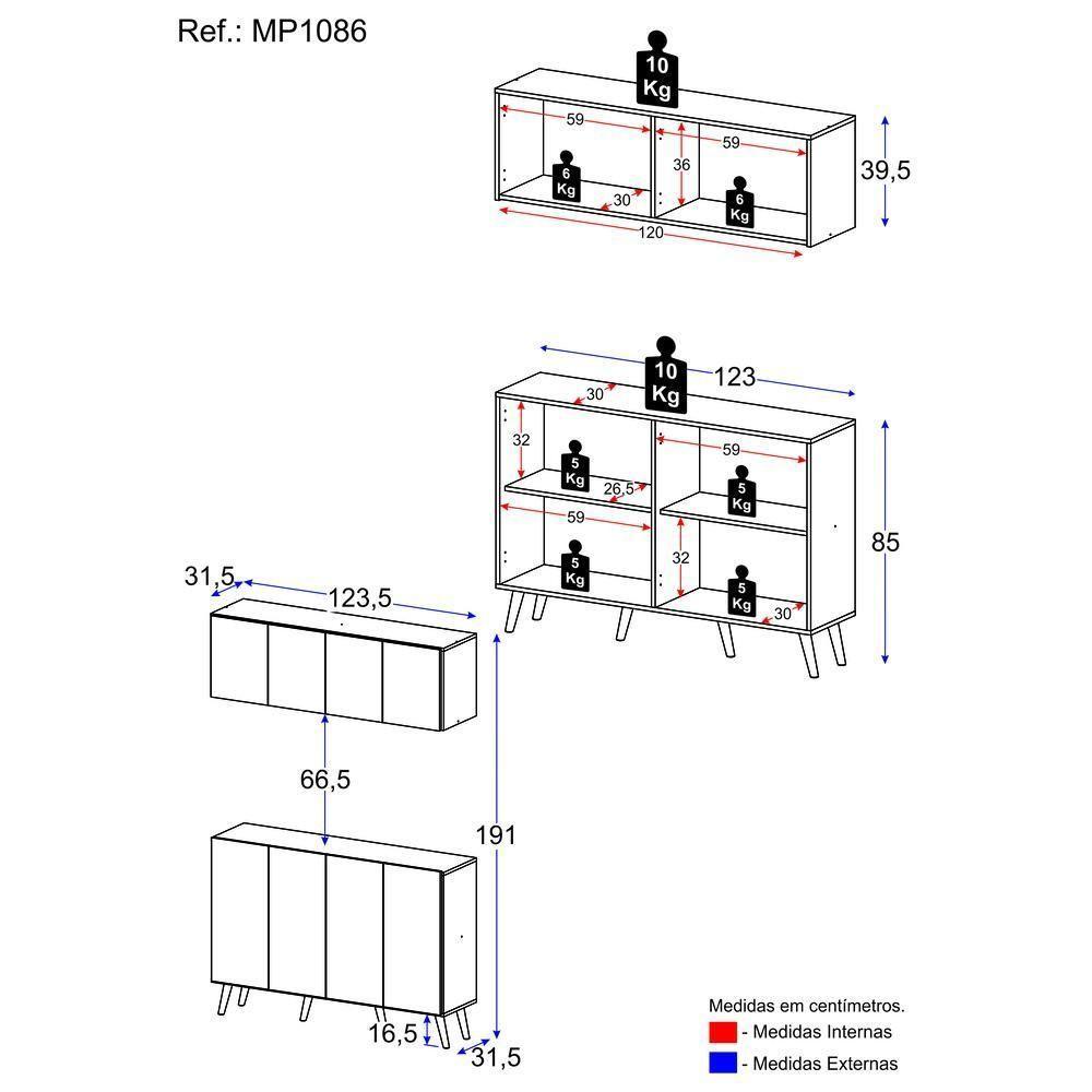Kit Bar Armário Aéreo E Aparador 4 Portas Retrô Multimóveis Mp1086 Preto/branco Preto/branco - 2