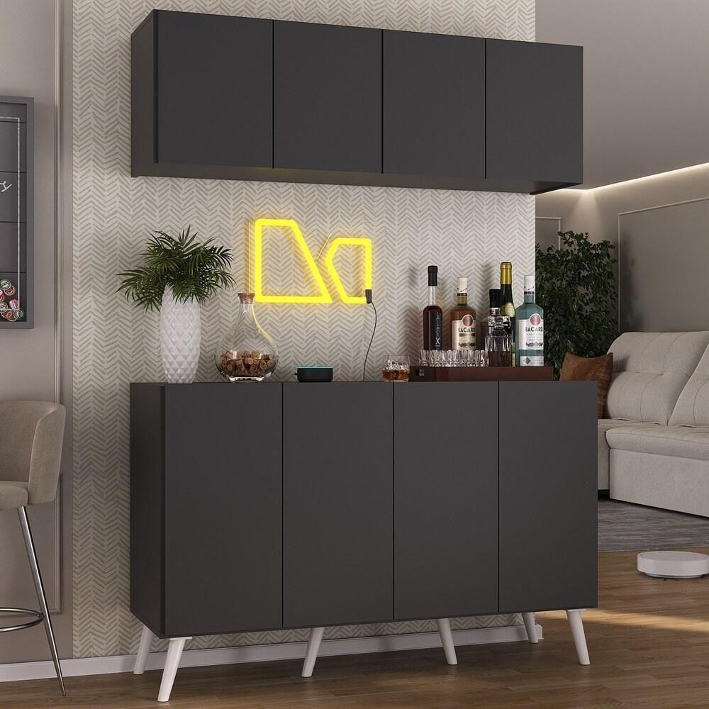 Kit Bar Armário Aéreo E Aparador 4 Portas Retrô Multimóveis Mp1086 Preto/branco Preto/branco - 3