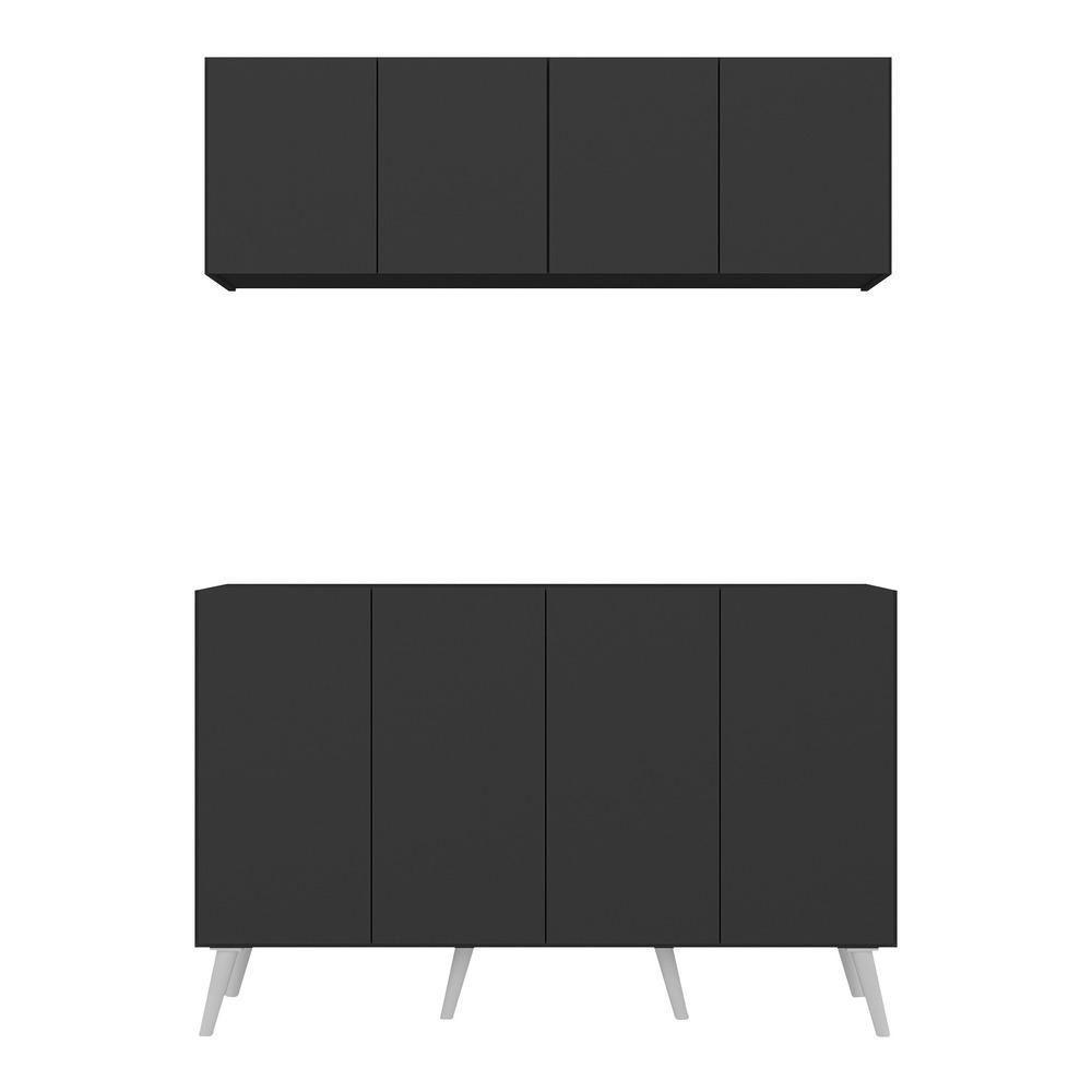 Kit Bar Armário Aéreo E Aparador 4 Portas Retrô Multimóveis Mp1086 Preto/branco Preto/branco - 4