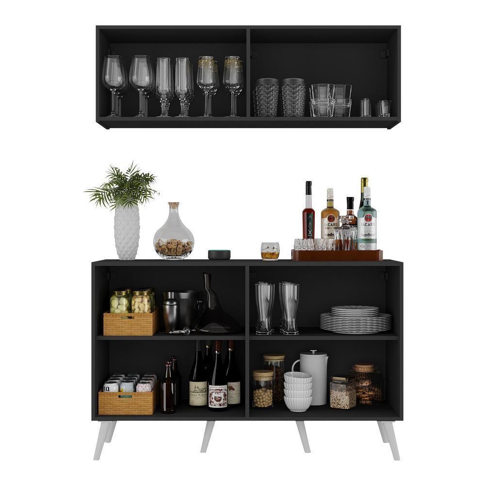 Kit Bar Armário Aéreo E Aparador 4 Portas Retrô Multimóveis Mp1086 Preto/branco Preto/branco - 5