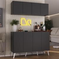 Kit Bar Armário Aéreo E Aparador 4 Portas Retrô Multimóveis Mp1086 Preto/branco Preto/branco - 3