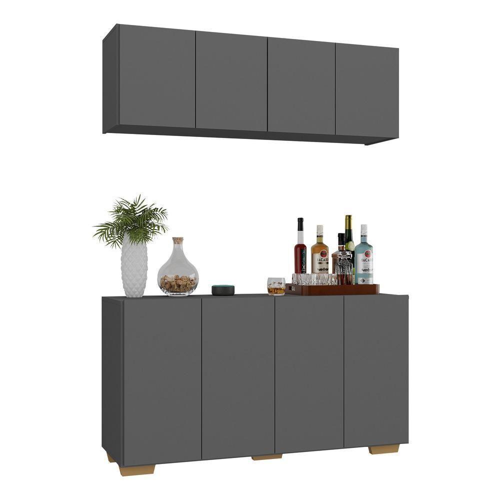 Kit Bar Armário Aéreo E Aparador 4 Portas Multimóveis Mp1087 Grafite/natural Grafite/natural - 1