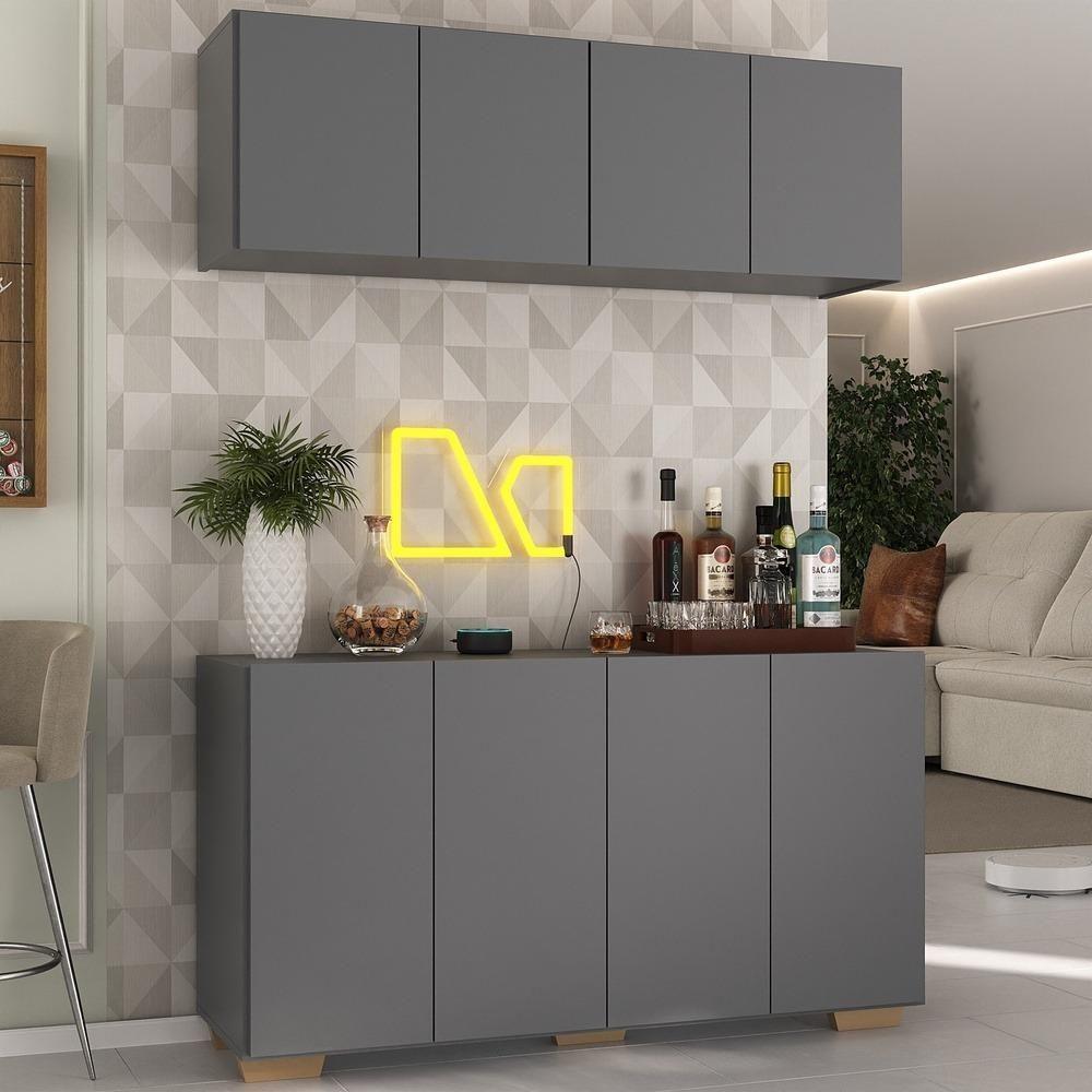 Kit Bar Armário Aéreo E Aparador 4 Portas Multimóveis Mp1087 Grafite/natural Grafite/natural - 3