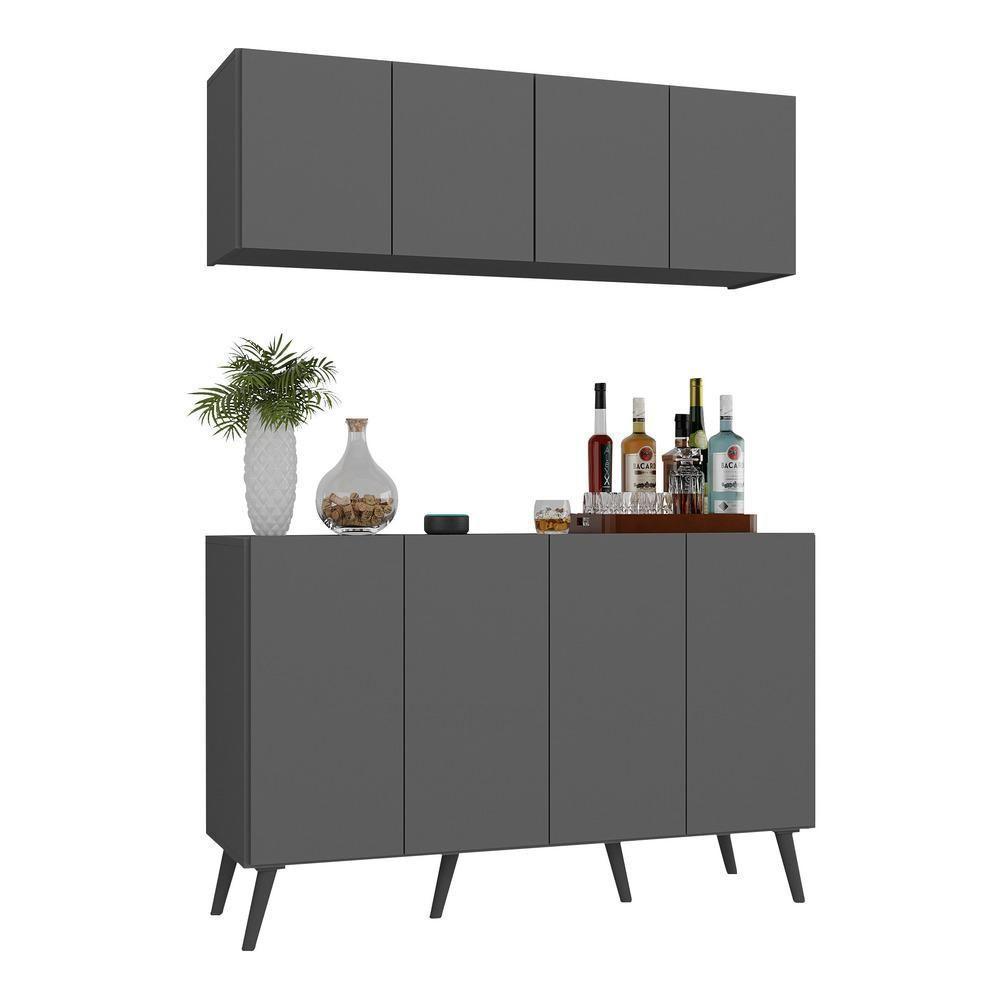 Kit Bar Armário Aéreo E Aparador 4 Portas Retrô Multimóveis Mp1086 Grafite/preto Grafite/preto - 1
