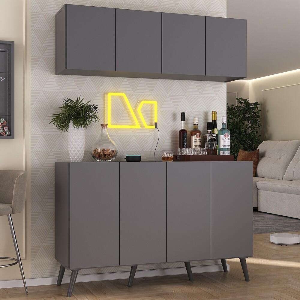 Kit Bar Armário Aéreo E Aparador 4 Portas Retrô Multimóveis Mp1086 Grafite/preto Grafite/preto - 5