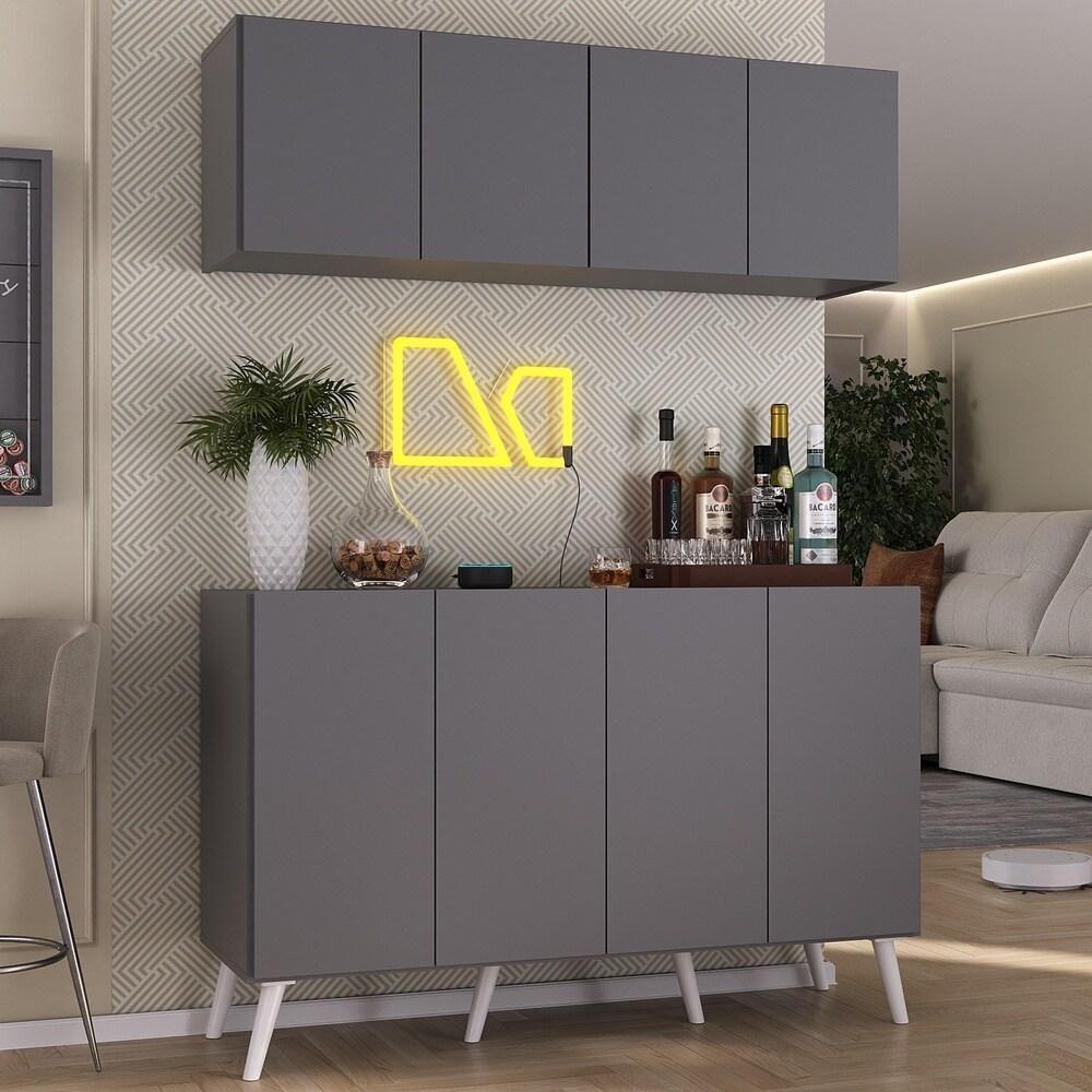 Kit Bar Armário Aéreo E Aparador 4 Portas Retrô Multimóveis Mp1086 Grafite/branco Grafite/branco - 4