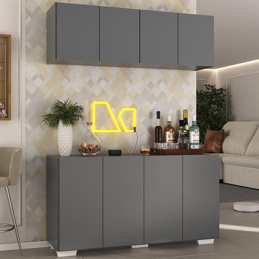 Kit Bar Armário Aéreo E Aparador 4 Portas Multimóveis Mp1087 Grafite/branco Grafite/branco - 4