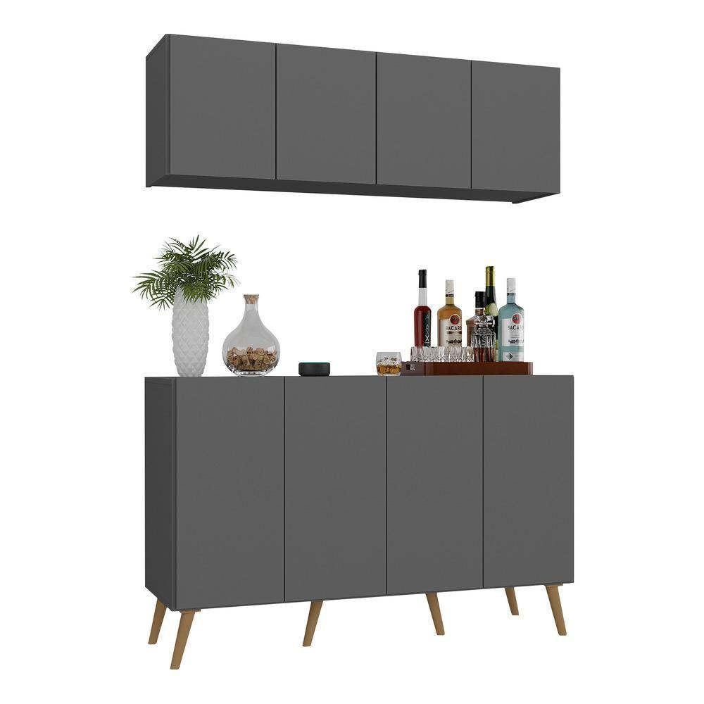 Kit Bar Armário Aéreo E Aparador 4 Portas Retrô Multimóveis Mp1086 Grafite/natural Grafite/natural - 1