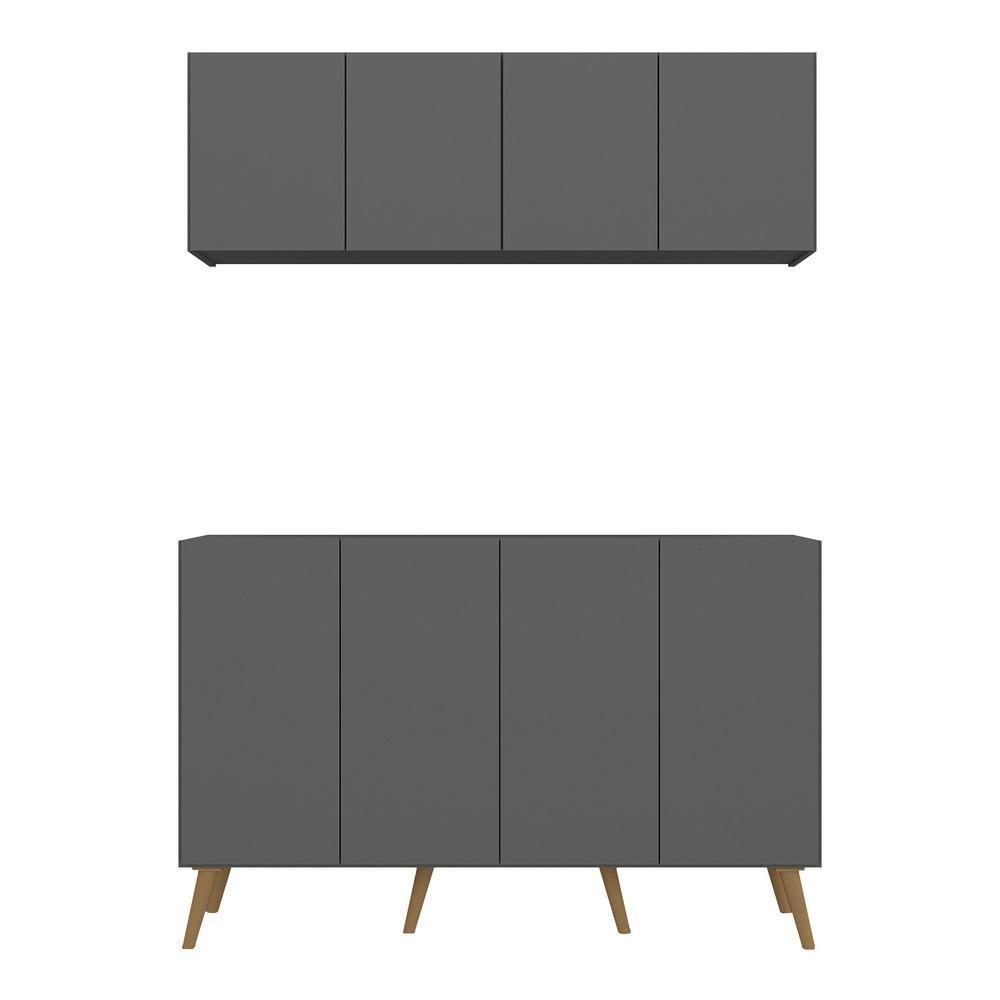 Kit Bar Armário Aéreo E Aparador 4 Portas Retrô Multimóveis Mp1086 Grafite/natural Grafite/natural - 4