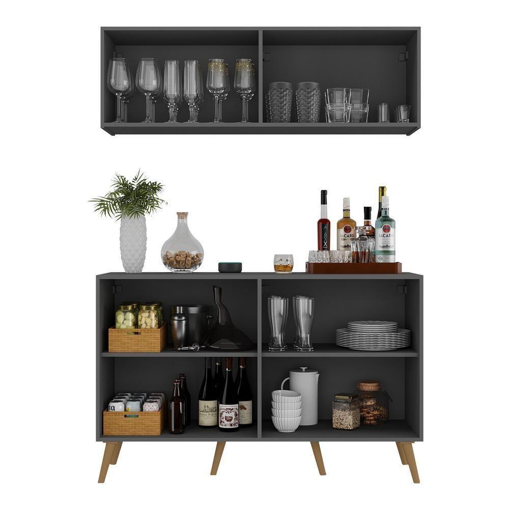 Kit Bar Armário Aéreo E Aparador 4 Portas Retrô Multimóveis Mp1086 Grafite/natural Grafite/natural - 5