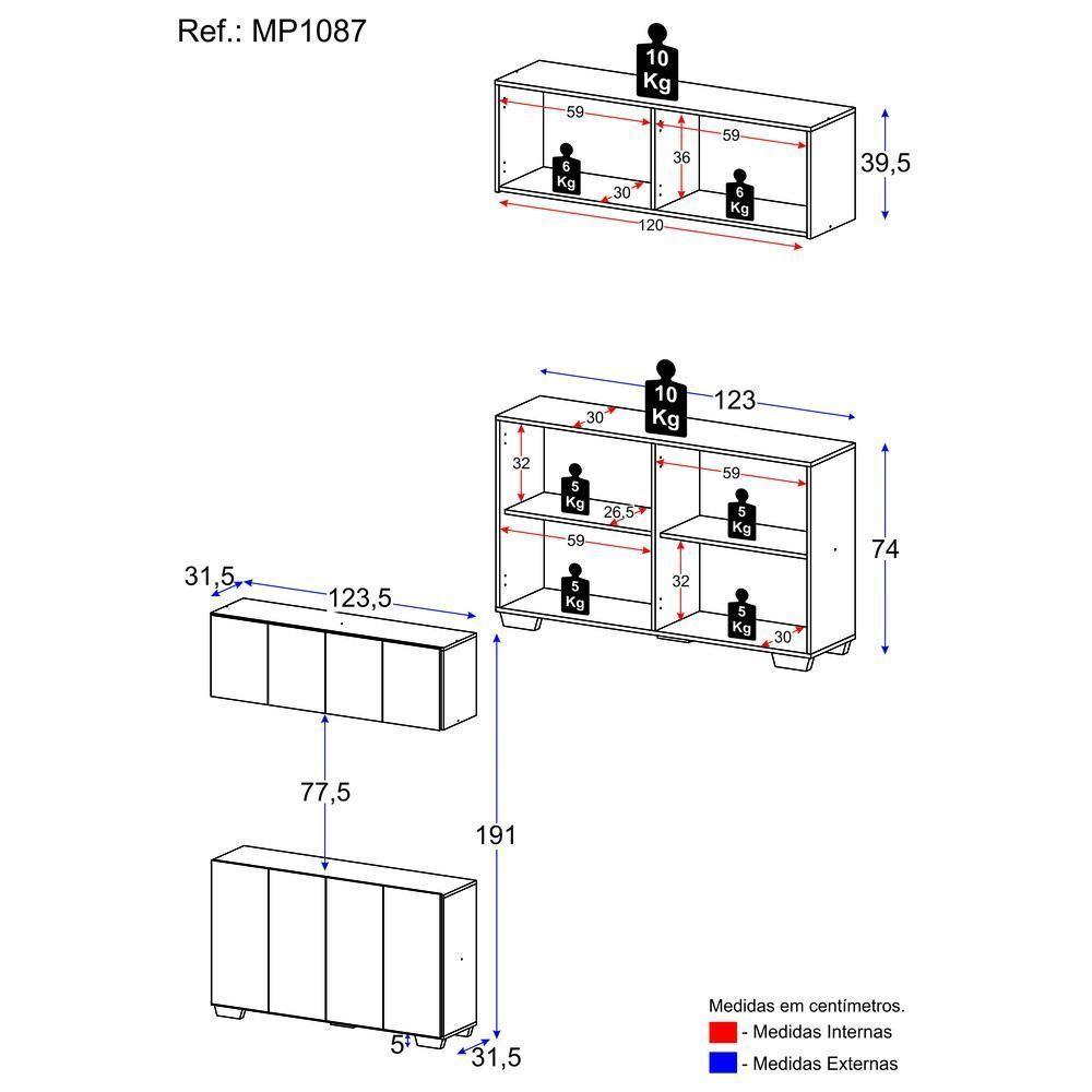 Kit Bar Armário Aéreo E Aparador 4 Portas Multimóveis Mp1087 Preto/branco Preto/branco - 2