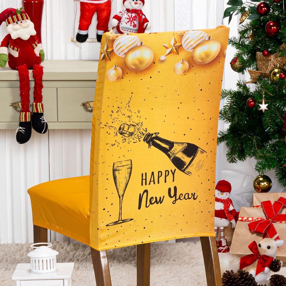 Capa De Cadeira Jantar Avulsa Estampada Ano Novo Ajustável Com Elástico - Cor Sinos Dourados - 2