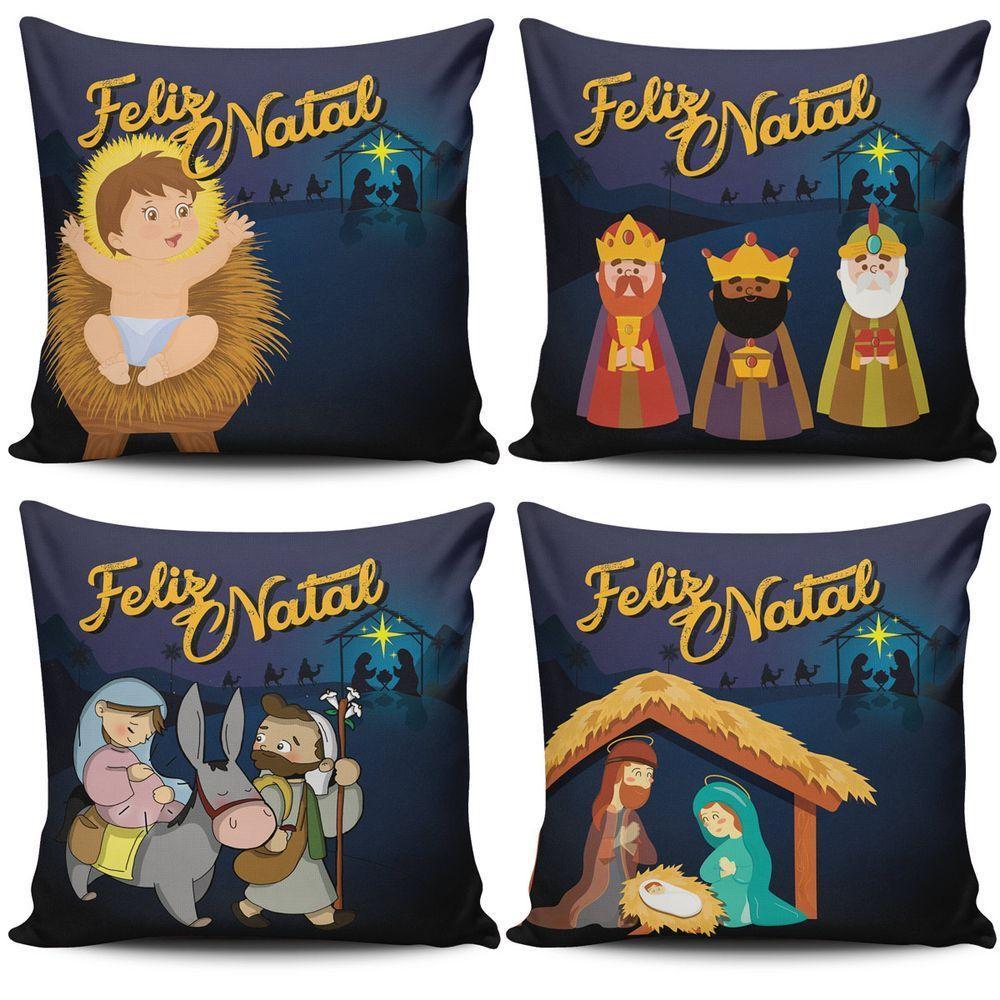 Kit C/ 4 Almofadas Cheias Estampadas Natalinas Feliz Natal Família Sagrada 45cm X 45cm Com Refil - 1