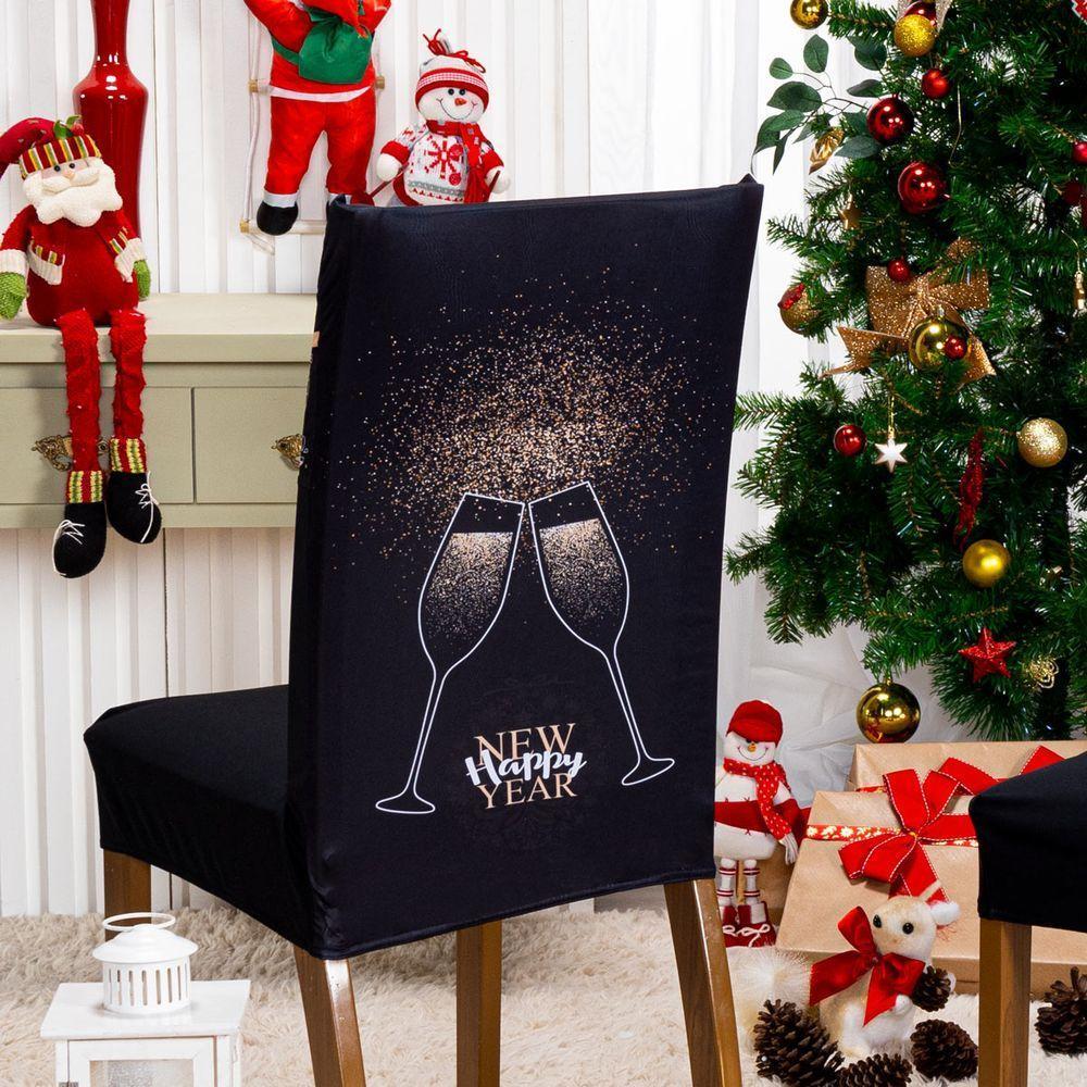 Kit De Capas De Cadeira Jantar Estampadas Ano Novo Ajustável Com Elástico 04 Peças Cor Taças - 3