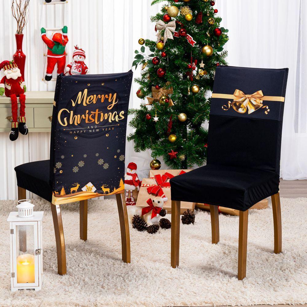 Kit De Capas De Cadeira Jantar Estampada Ano Novo Ajustável Com Elástico 04 Peças Cor Christmas Gold - 1