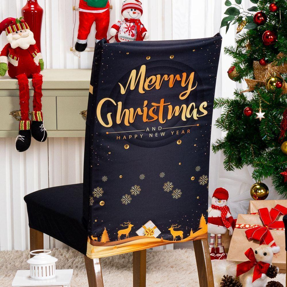 Kit De Capas De Cadeira Jantar Estampada Ano Novo Ajustável Com Elástico 04 Peças Cor Christmas Gold - 4