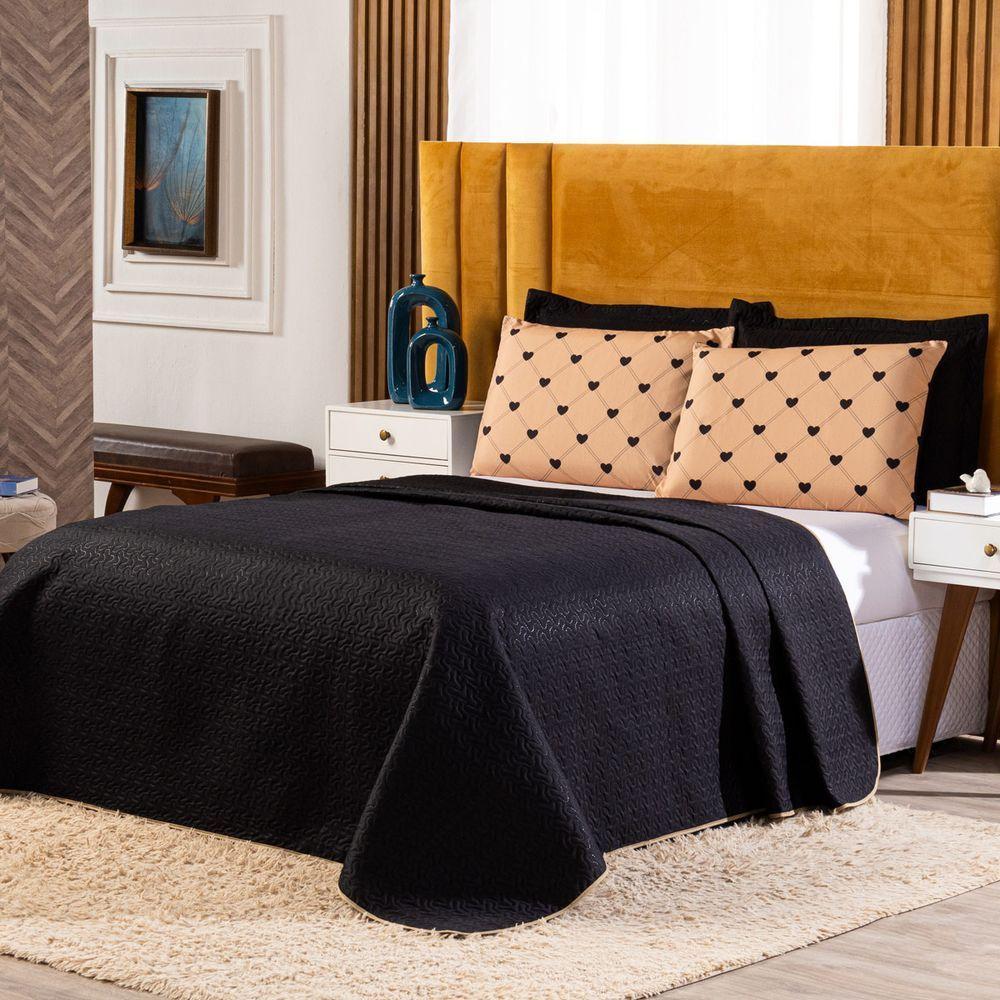 Kit Cobre Leito Love Golden Preto/caqui Dupla Face Com Fronhas Estampadas Queen 05 Peças - 1