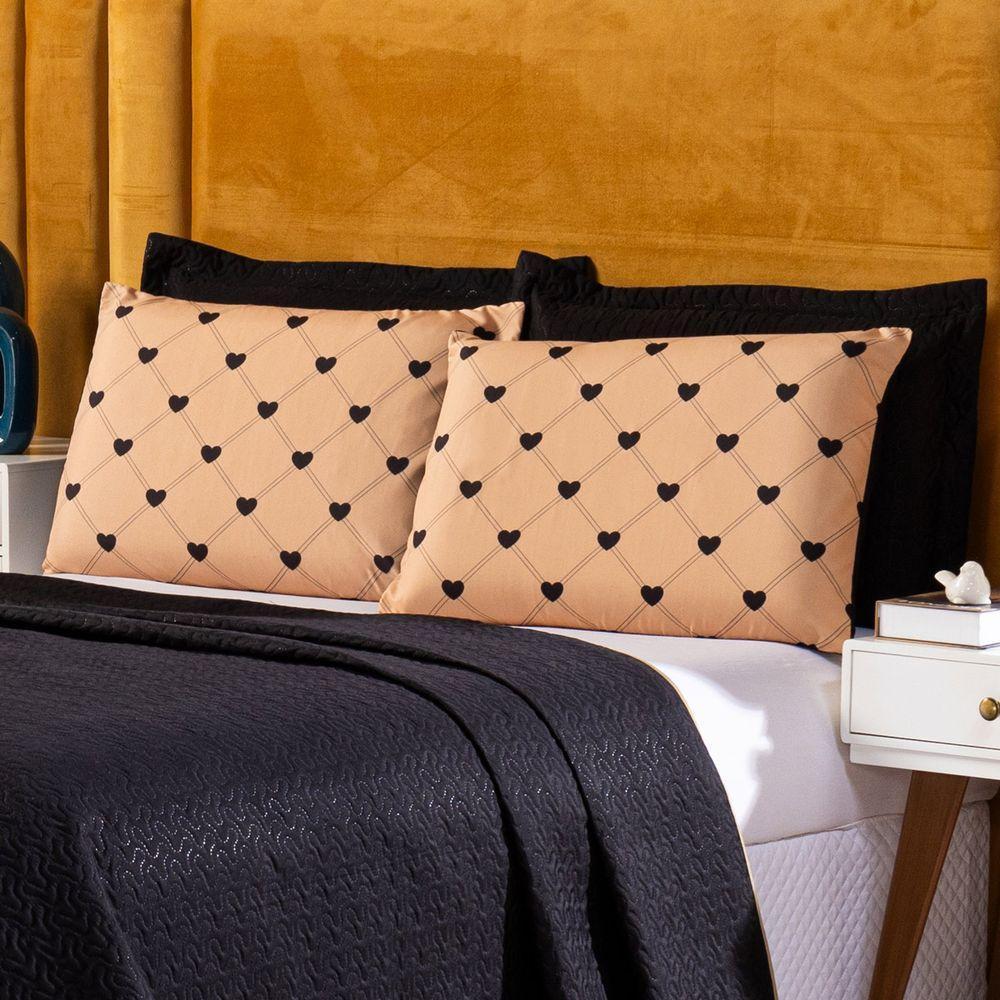 Kit Cobre Leito Love Golden Preto/caqui Dupla Face Com Fronhas Estampadas Queen 05 Peças - 3
