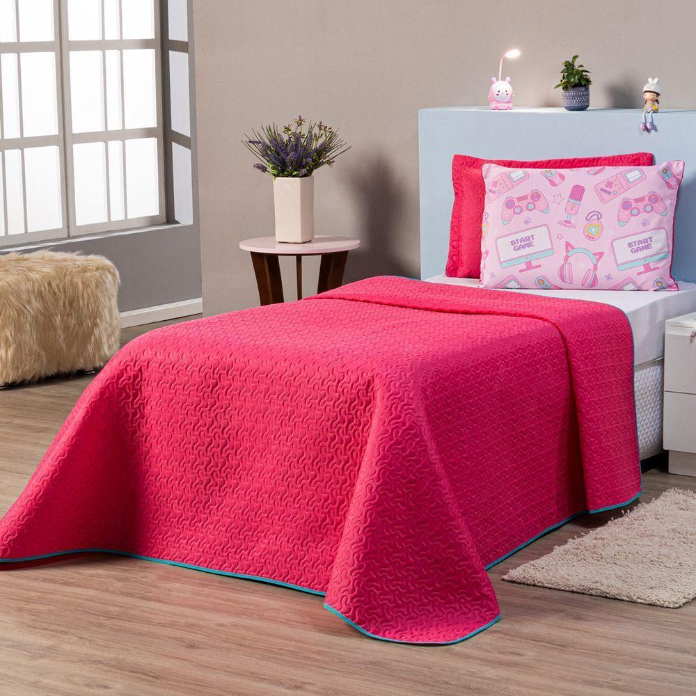 Kit Cobre Leito Streamer Girl Pink/rosa Dupla Face Com Fronha Estampada Solteiro 03 Peças - 1