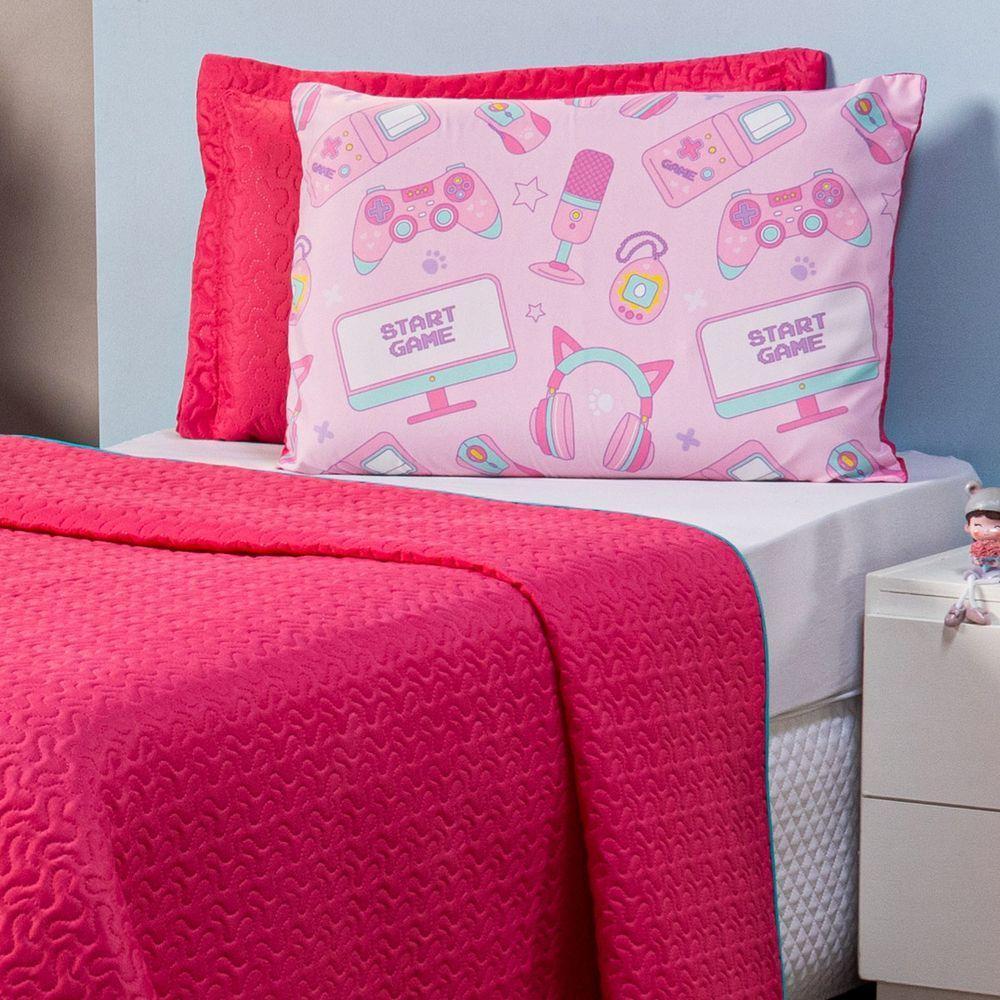 Kit Cobre Leito Streamer Girl Pink/rosa Dupla Face Com Fronha Estampada Solteiro 03 Peças - 2