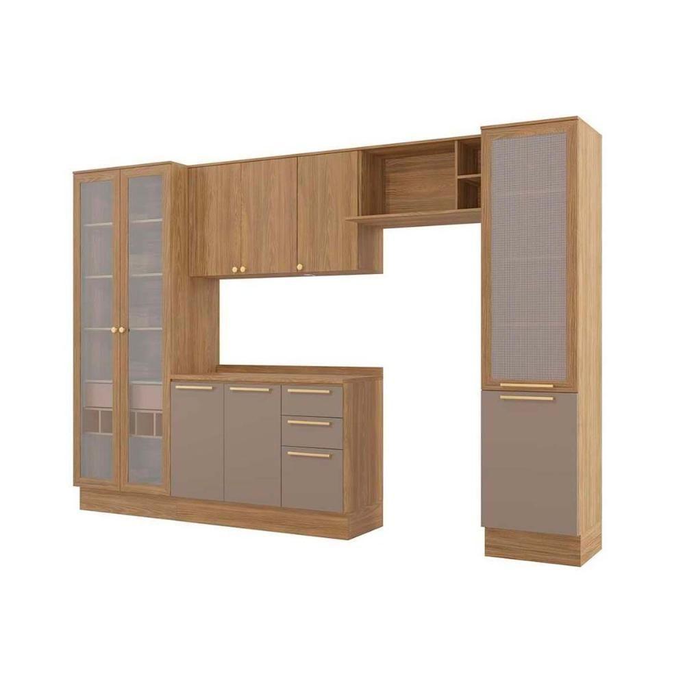 Cozinha Completa Botanic 6 Peças (2 Armários + 1 Balcão + 1 Cristaleira + 1 Paneleiro + 1 Complemento) M661 Nogueira/Verde Oliva - Kappesberg - 6