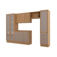 Cozinha Completa Botanic 6 Peças (2 Armários + 1 Balcão + 1 Cristaleira + 1 Paneleiro + 1 Complemento) M661 Nogueira/Verde Oliva - Kappesberg - 6