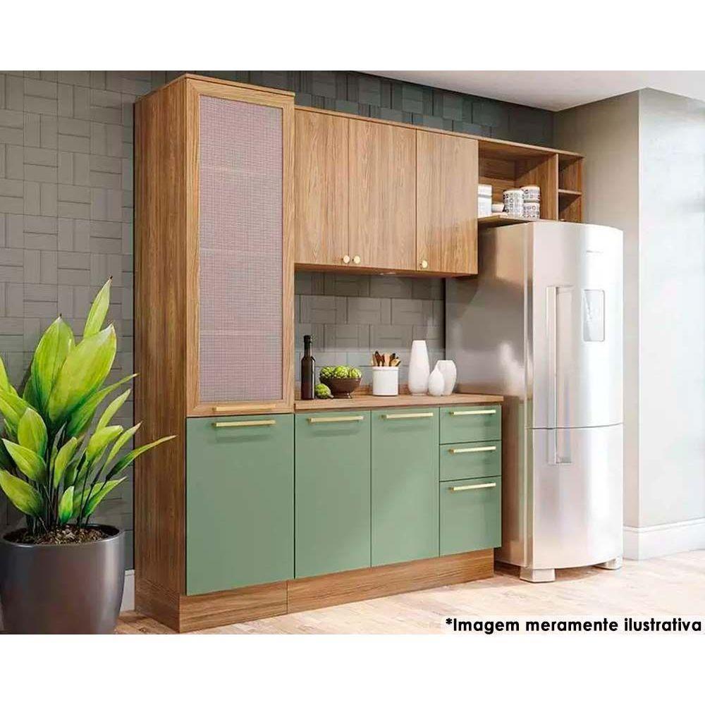 Cozinha Completa Botanic 5 Peças (2 Armários + 1 Balcão + 1 Paneleiro + 1 Complemento) M654 Nogueira/Verde Oliva - Kappesberg - 1