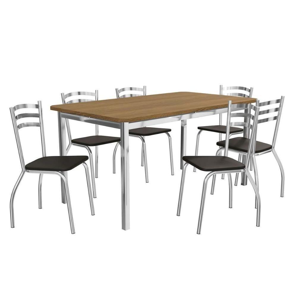 Mesa de Sala Jantar Reno c/ Tampo Madeira 160cm + 6 Cadeiras Portugal Cromada - Assento Nude 16 - Kappesberg - 2