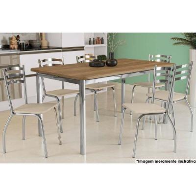 Mesa de Sala Jantar Reno c/ Tampo Madeira 160cm + 6 Cadeiras Portugal Cromada - Assento Nude 16 - Kappesberg