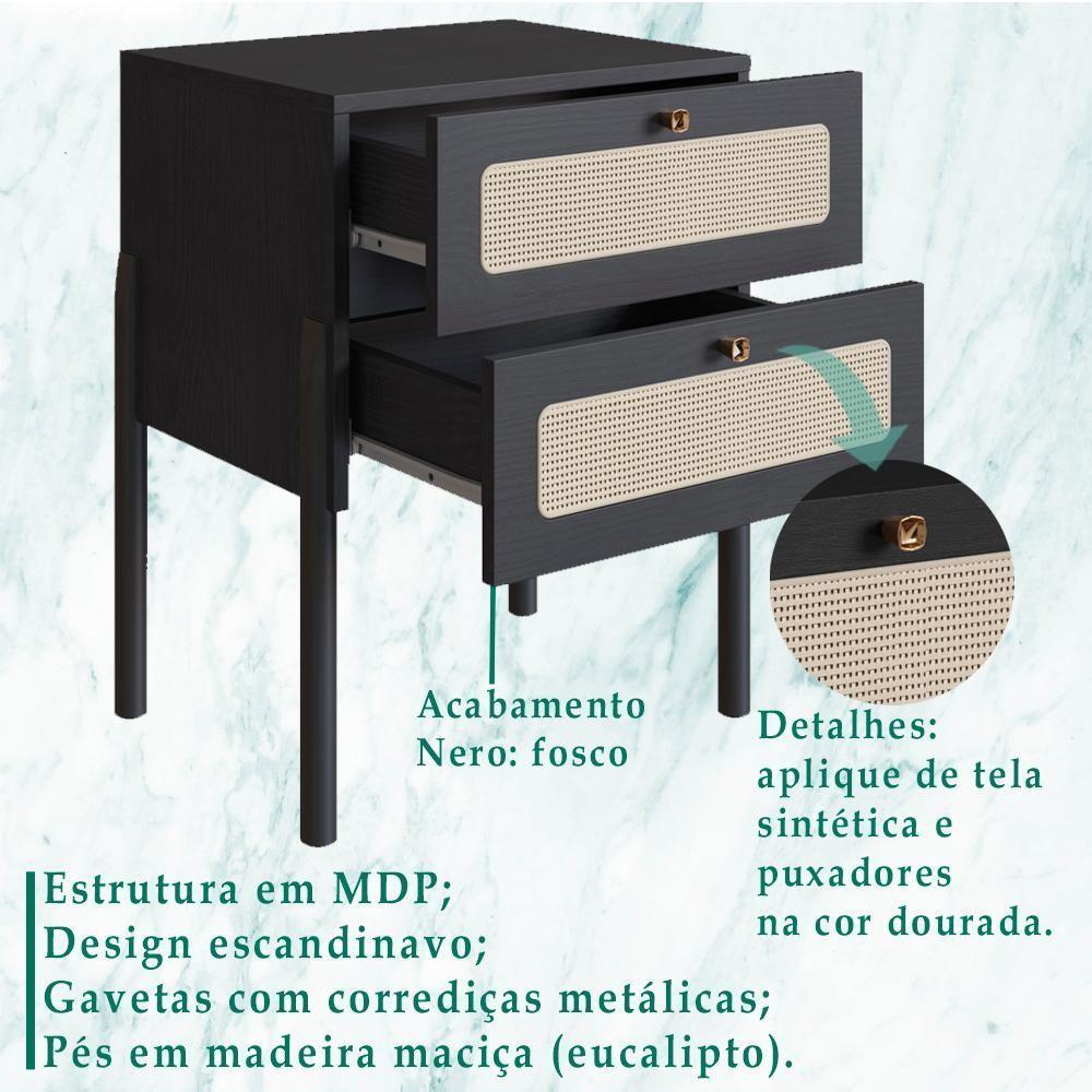 Mesa De Cabeceira 2 Gavetas Palhinha 27933 Linha Oslo Nero Artesano Nero - 8