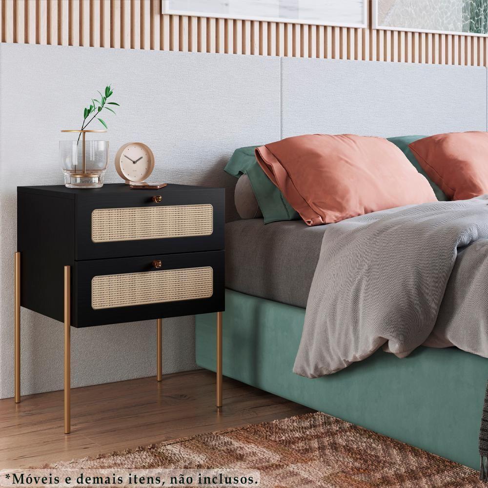Mesa De Cabeceira 2 Gavetas Palhinha 28933 Linha Oslo Nero Artesano Nero - 3