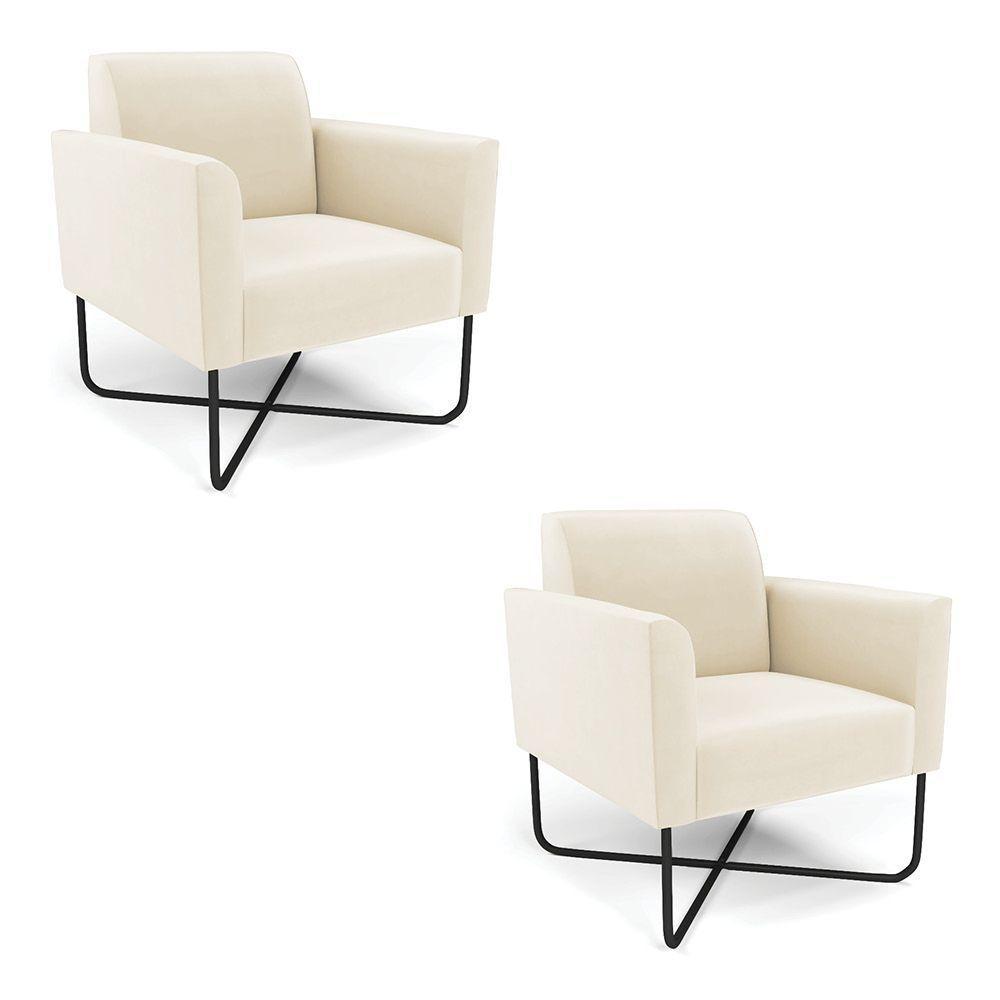 Kit 2 Poltronas Base X Industrial Preto Marisa Veludo D03 - D\'rossi Cor Bege - 1