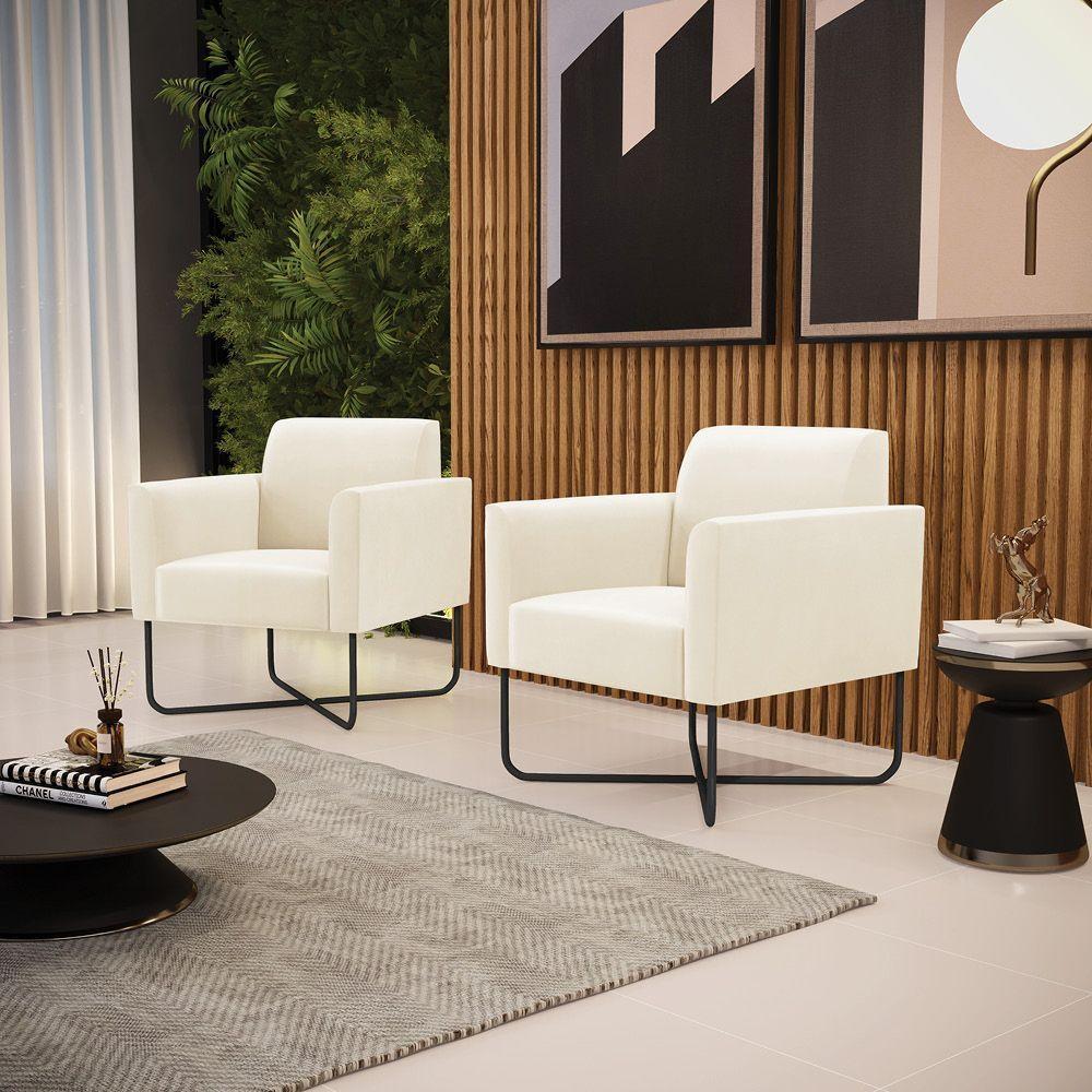 Kit 2 Poltronas Base X Industrial Preto Marisa Veludo D03 - D\'rossi Cor Bege - 4