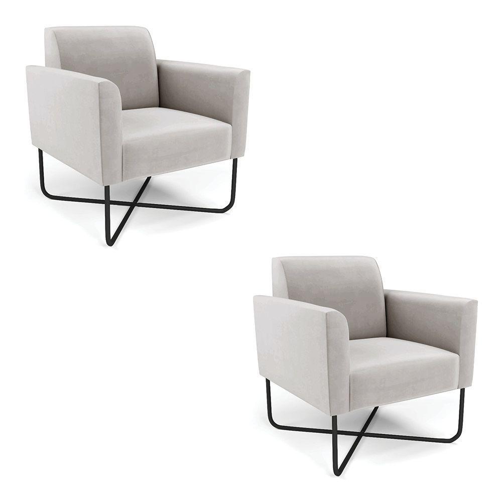 Kit 2 Poltronas Base X Industrial Preto Marisa Veludo D03 - D\'rossi Cor Cinza - 1