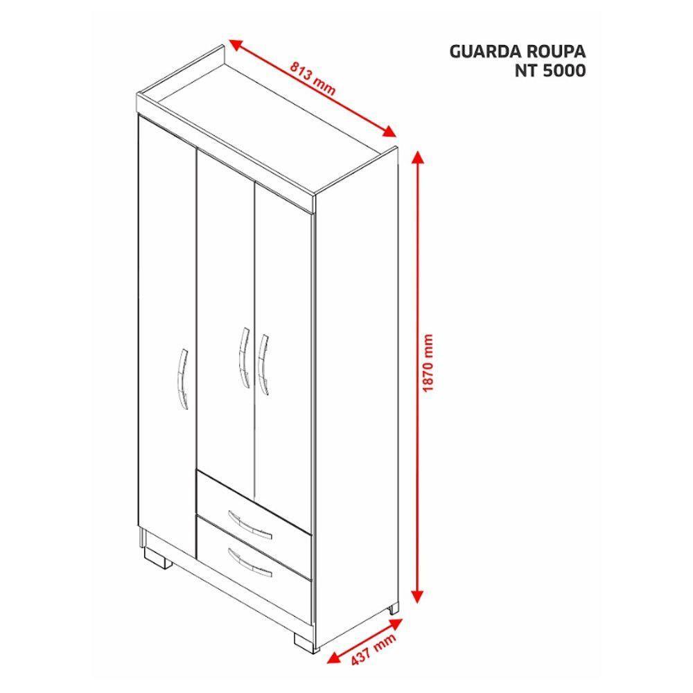 Guarda Roupa Solteiro Nt5000 3 Portas E 2 Gavetas Com Pés Notável Branco New- Rosa Flex - 9