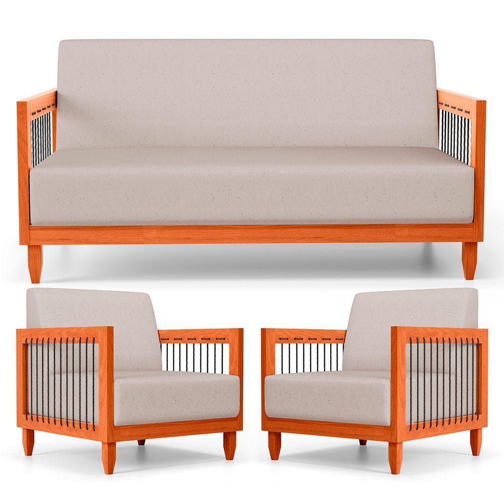 Kit 02 Poltronas E 01 Sofá Samoa Madeira Maciça Com Cordas Náutica Linho Rústico Areia - Desk Design - 1