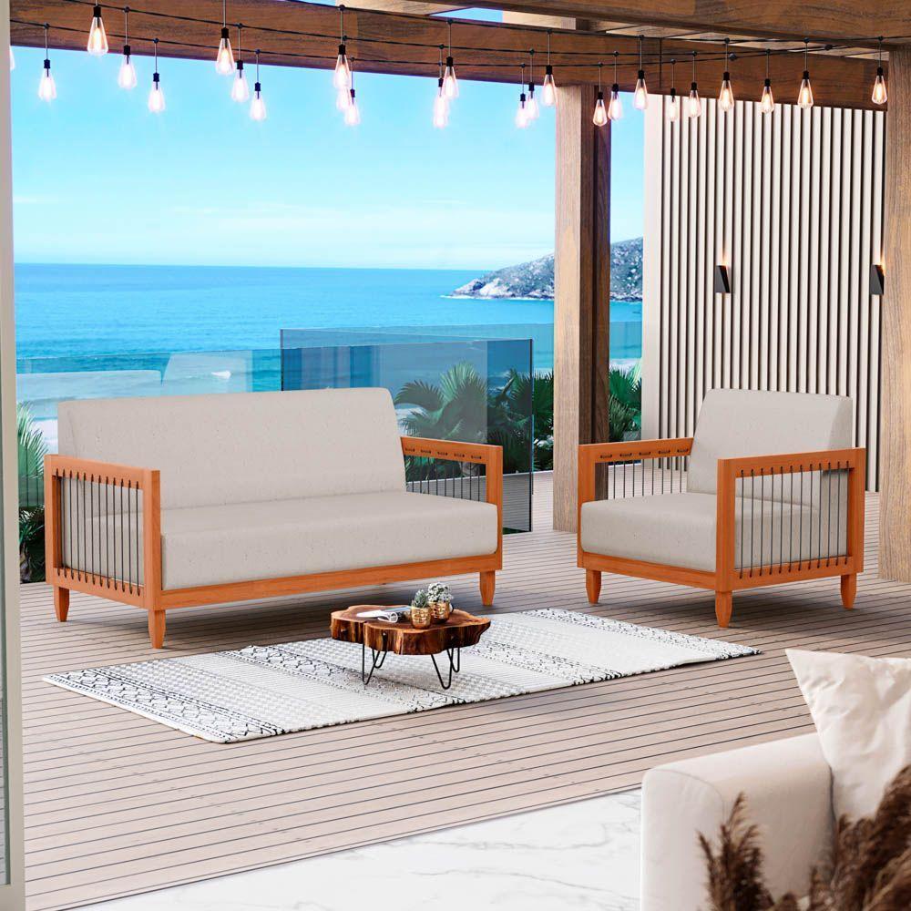 Kit 02 Poltronas E 01 Sofá Samoa Madeira Maciça Com Cordas Náutica Linho Rústico Areia - Desk Design - 7