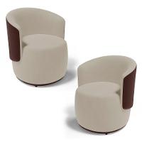 Kit 02 Poltronas Decorativas Aisha Orgânica Composê Sintético Marrom Com Suede Bege - Desk Design - 1