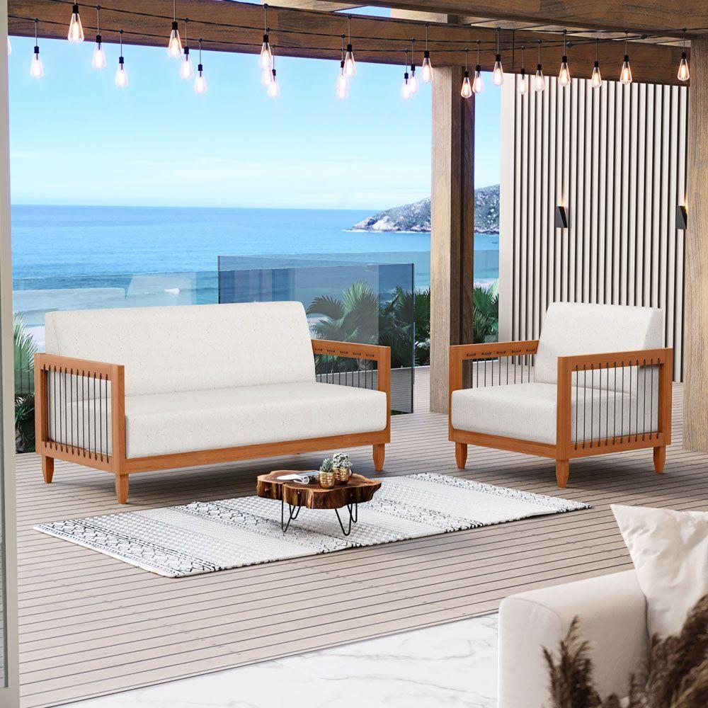 Kit Poltrona E Sofá Varanda Samoa Madeira Maciça Com Cordas Náutica Linho Natural - Desk Design - 8