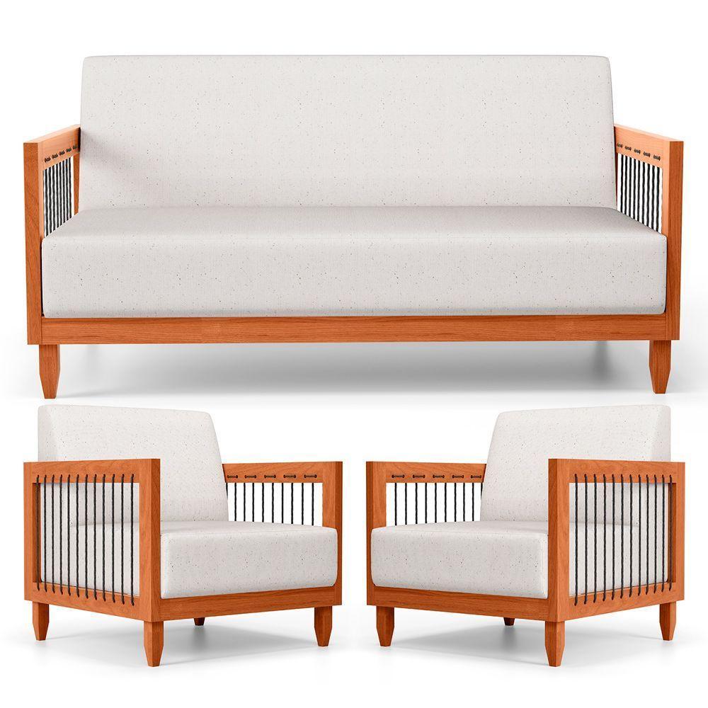 Kit 02 Poltronas E 01 Sofá Samoa Madeira Maciça Com Cordas Náutica Linho Natural - Desk Design - 1